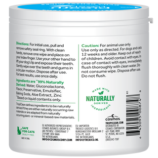 TropiClean Fresh Breath Finger Dental Wipes for Pets, back image of 50 count container