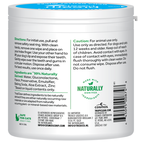 TropiClean Fresh Breath Finger Dental Wipes for Pets, back image of 50 count container