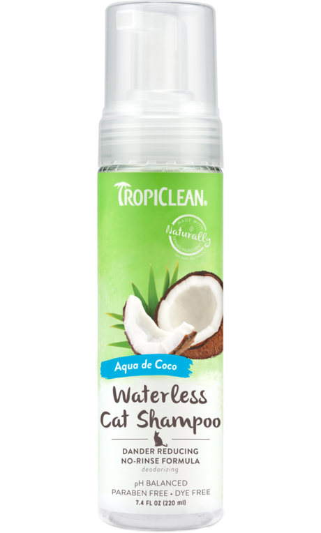 TropiClean Dander Reducing Waterless Cat Shampoo, image of front of bottle