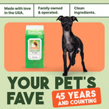 TropiClean Papaya & Coconut Luxury 2-In-1 Pet Wipes with a dog on an orange background