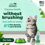Cat drinking from a bowl with Fresh Breath by TropiClean Oral Care Water Additive for Cats with text about pet dental care on a light green background.