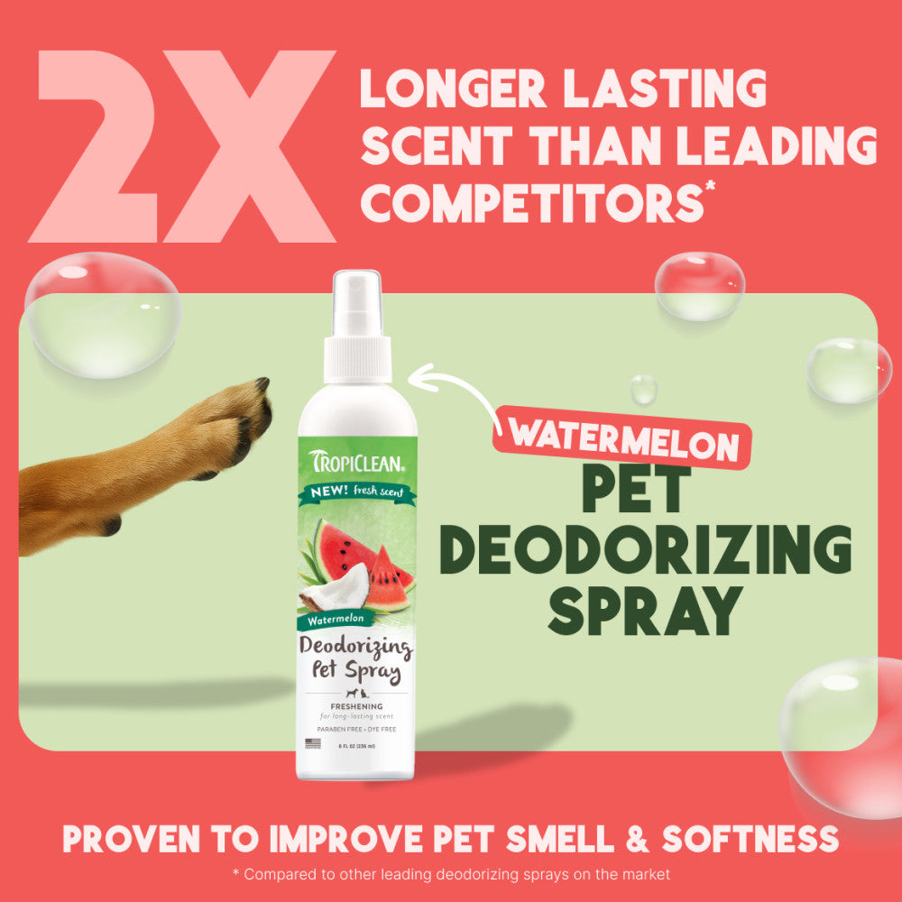 TropiClean Watermelon Deodorizing Spray for Dogs and Cats with promotional text on a red background