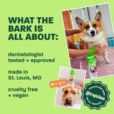 Light green background, corgi and brown dog, "What the bark is all about".