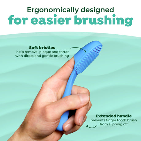 Fresh Breath Enticers Peanut Butter & Honey Tartar Control Dog Dental Kit. Blue finger toothbrush held in a hand with text highlighting features on a light green background