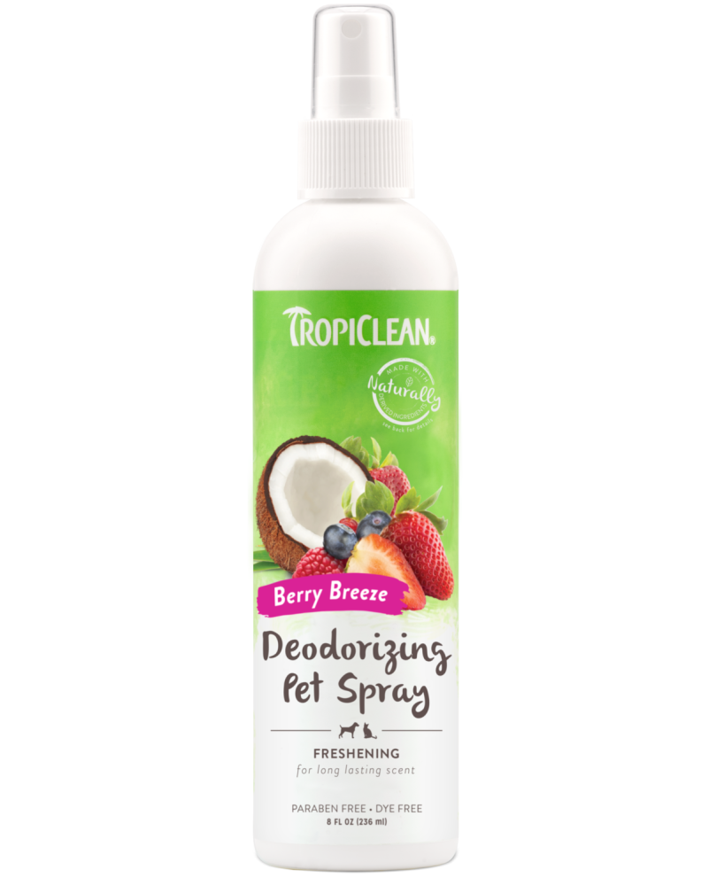 TropiClean Berry Breeze Deodorizing Spray for Pets, front image of spray bottle
