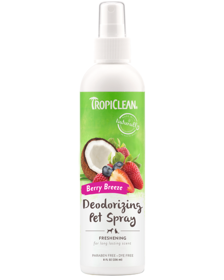 TropiClean Berry Breeze Deodorizing Spray for Pets, front image of spray bottle