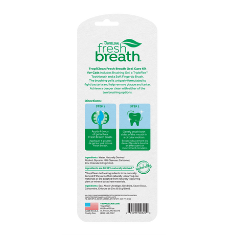 TropiClean Fresh Breath Plaque & Tartar Control Kit for Cats, back of packaged kit