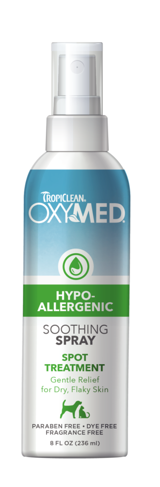 TropiClean OxyMed Hypoallergenic Anti Itch Spray for Dogs and Cats, image of front of spray bottle