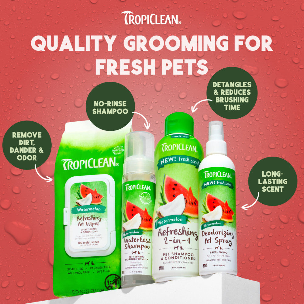 Tropiclean refreshing pet care products on a red background with watermelon scent packaging.