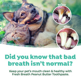 Dog and cat lying together with dental health before and after images, promoting TropiClean Fresh Breath Peanut Butter Oral Care Kit for Dogs & Cats