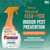 Tropiclean Natural Flea + Tick indoor pest prevention spray bottle on a green background with text.