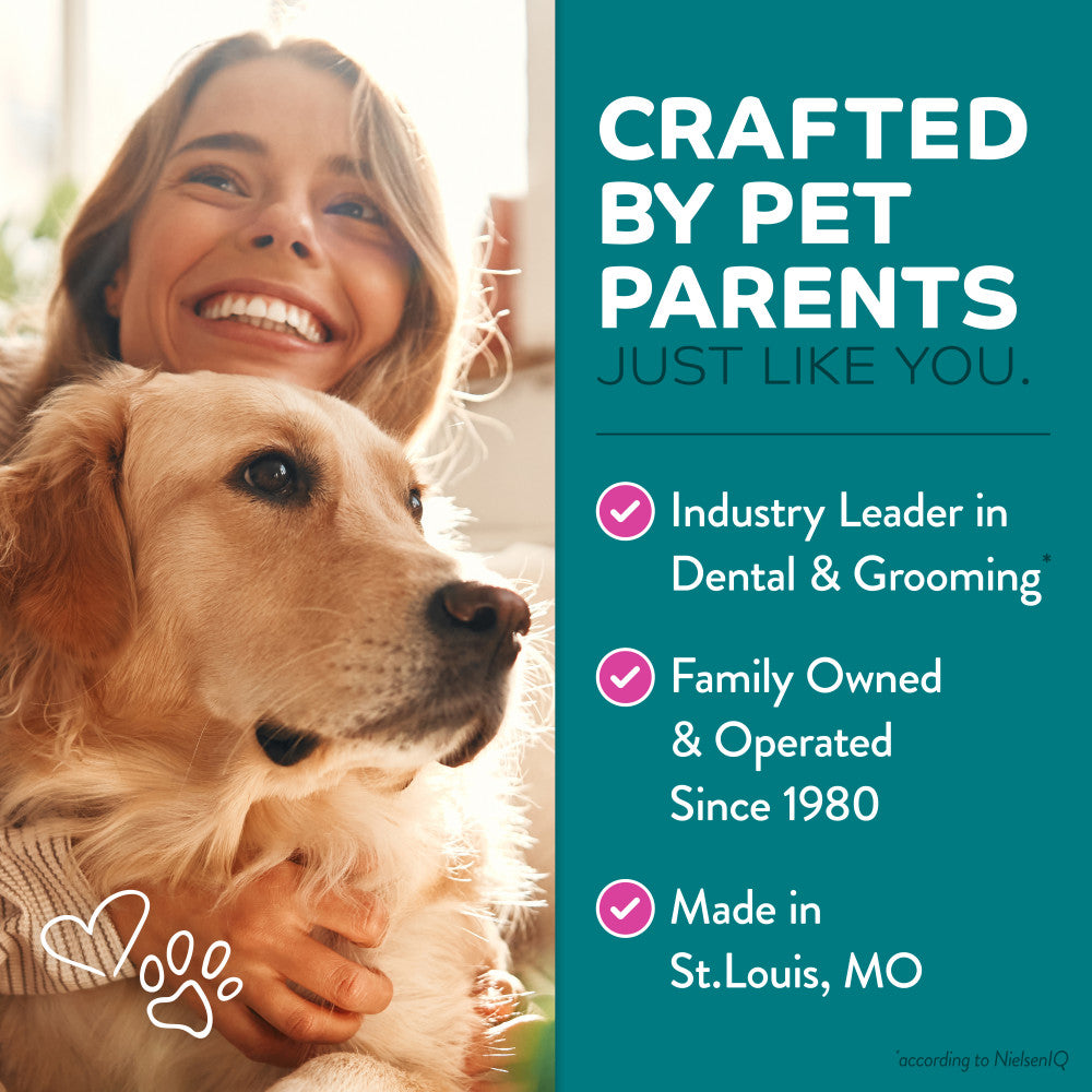 Woman holding a dog with promotional text about a pet care brand for TropiClean Chew Stop Behavior Aid Dog & Home Spray