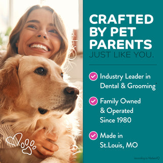 Woman holding a dog with promotional text about a pet care brand for TropiClean Chew Stop Behavior Aid Dog & Home Spray