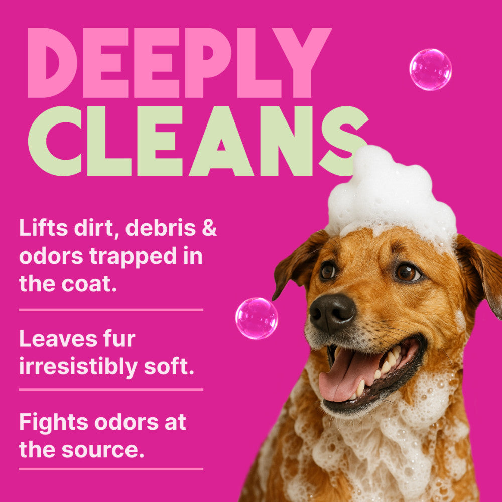 TropiClean Berry & Coconut Deep Cleansing Shampoo for Pets. Dog with soap suds on a pink background with text about pet cleaning product features.