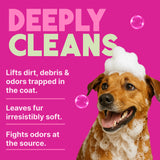TropiClean Berry & Coconut Deep Cleansing Shampoo for Pets. Dog with soap suds on a pink background with text about pet cleaning product features.