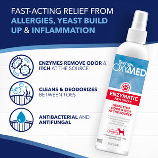 TropiClean OxyMed Enzymatic Paw Odor and Itch Pet Spray with product details on a blue and white background