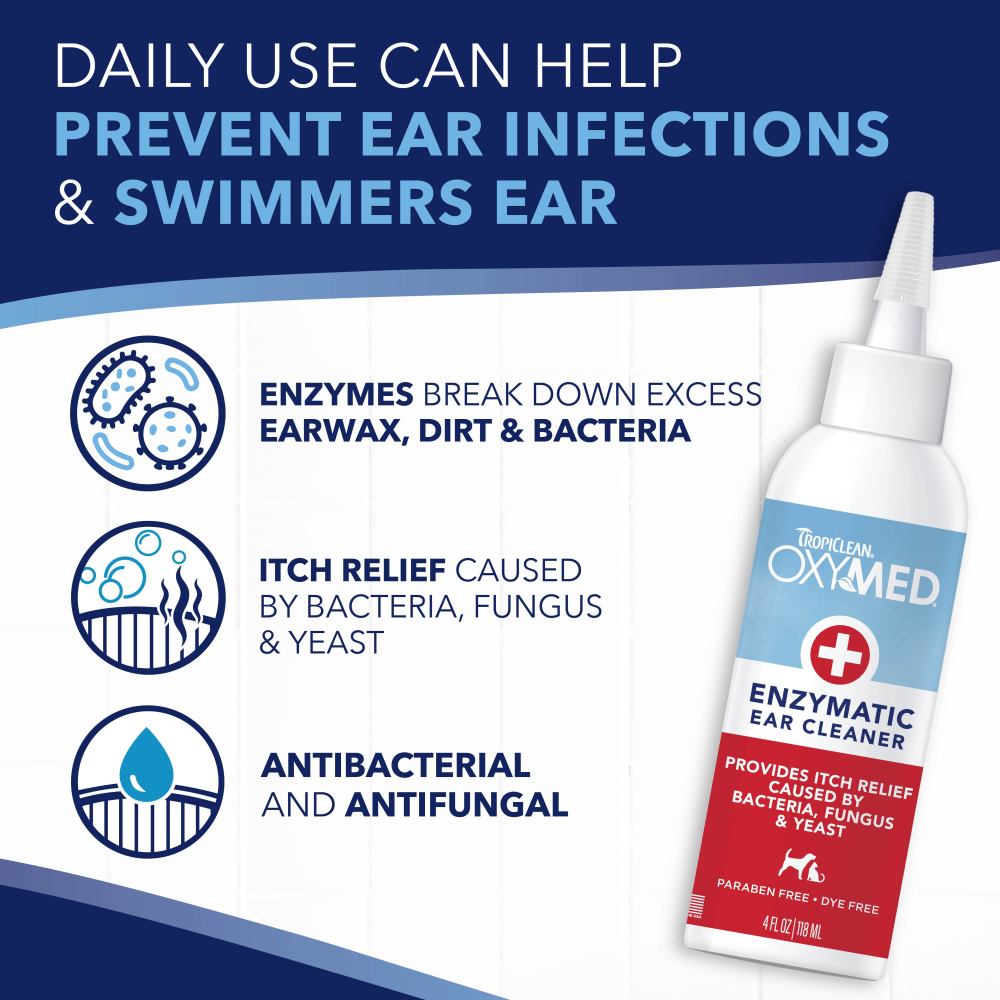 TropiClean OxyMed Enzymatic Ear Cleaner for Pets bottle with benefits text on a blue and white background