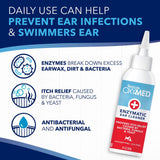 TropiClean OxyMed Enzymatic Ear Cleaner for Pets bottle with benefits text on a blue and white background