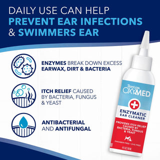 TropiClean OxyMed Enzymatic Ear Cleaner for Pets bottle with benefits text on a blue and white background