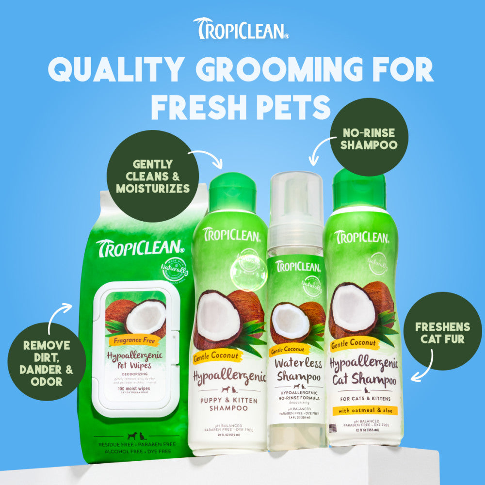 TropiClean pet care products on a blue background with text highlighting features.