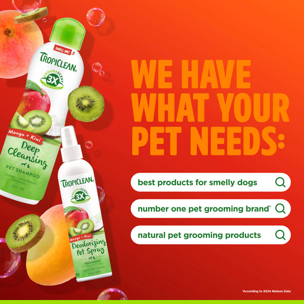 Tropiclean pet grooming products with fruits on a red background