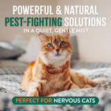 Cat lying on a blanket with text about pest-fighting solutions for nervous cats.