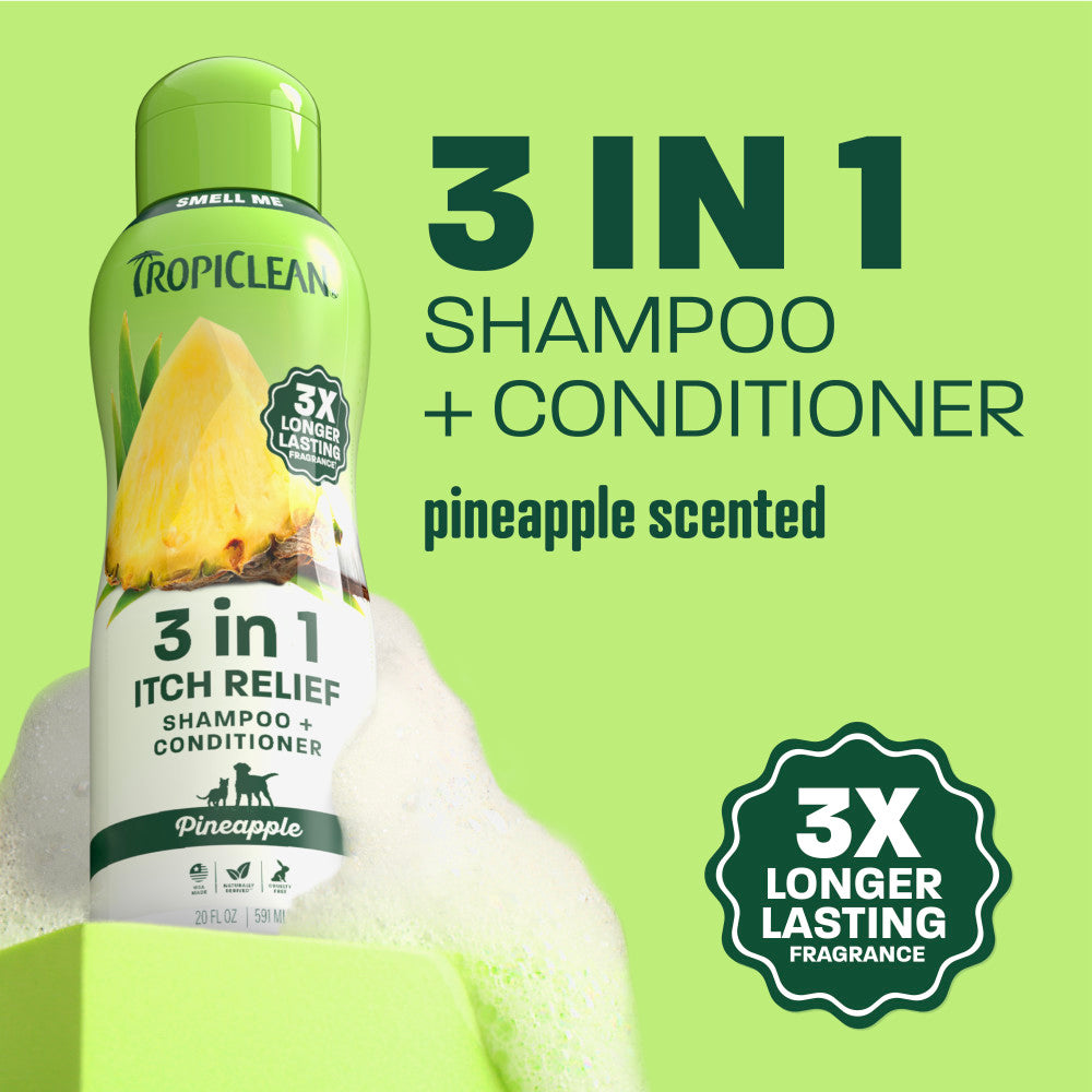TropiClean pineapple shampoo bottle on light green background.