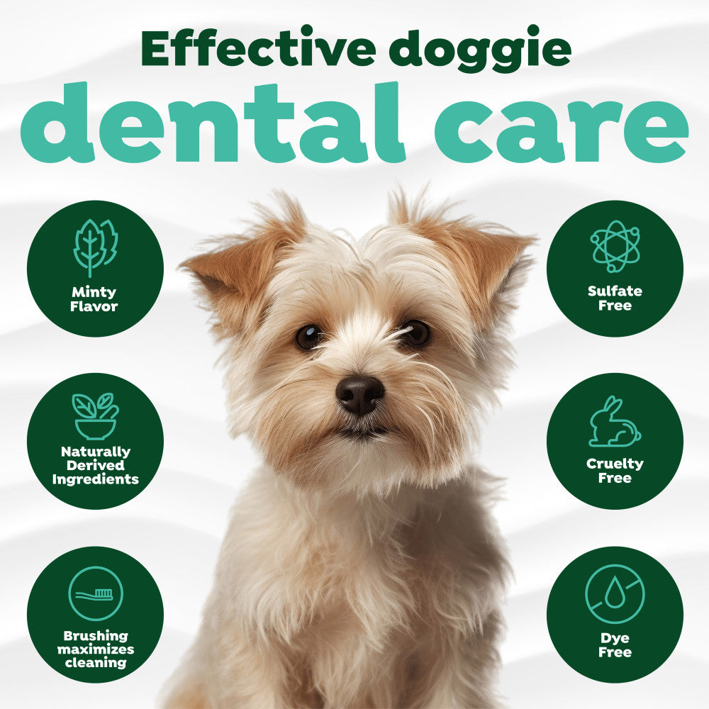Dog with TropiClean Fresh Breath Plaque & Tartar Control Kit for Puppies product features on a white background