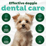 Dog with TropiClean Fresh Breath Plaque & Tartar Control Kit for Puppies product features on a white background