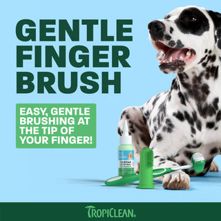 TropiClean dental kit with green finger brush, toothpaste bottle, and applicator displayed next to a spotted white puppy on b