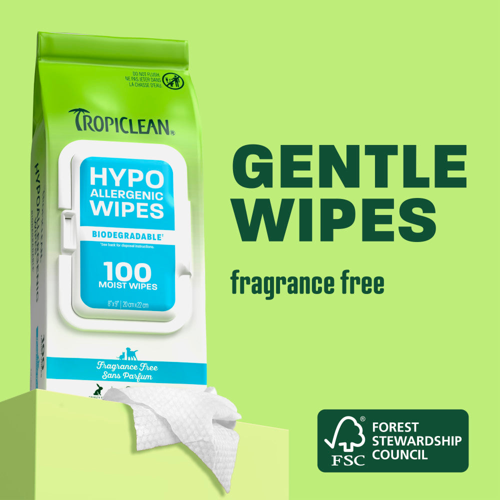 Tropiclean hypoallergenic wipes on green background