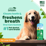 Dog with dental care product and text about TropiClean fresh breath and oral care system for large dogs.