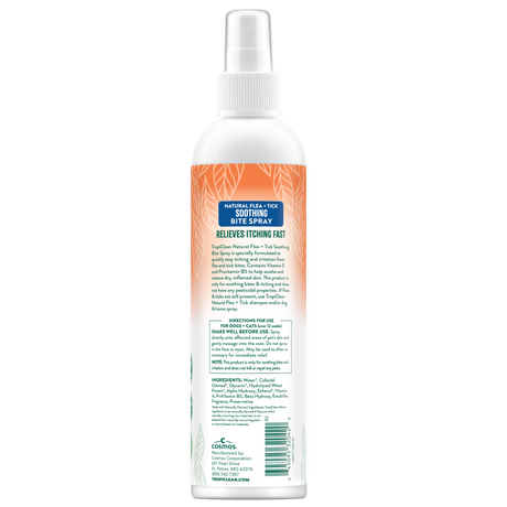 TropiClean Natural Flea + Tick Bite Relief Spray for Pets, back image of spray bottle