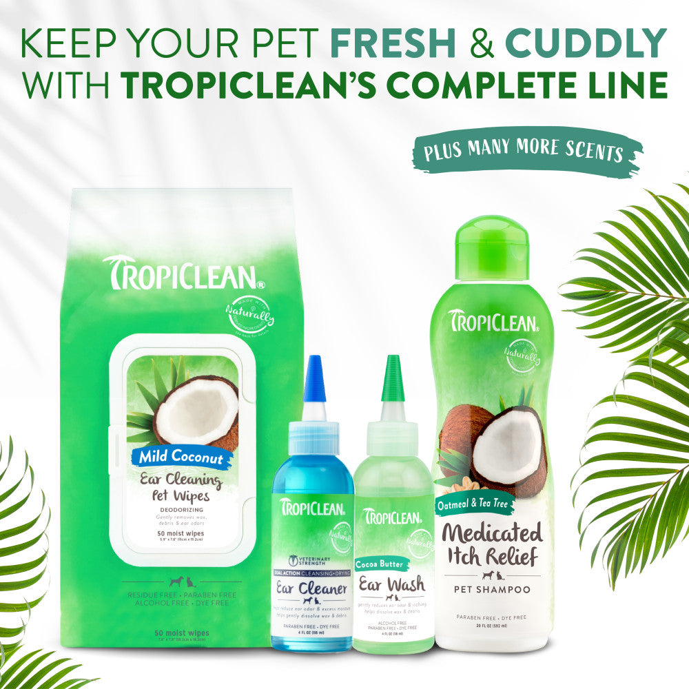 Tropiclean pet care products including wipes, cleaners, and shampoo with coconut imagery on a white background.