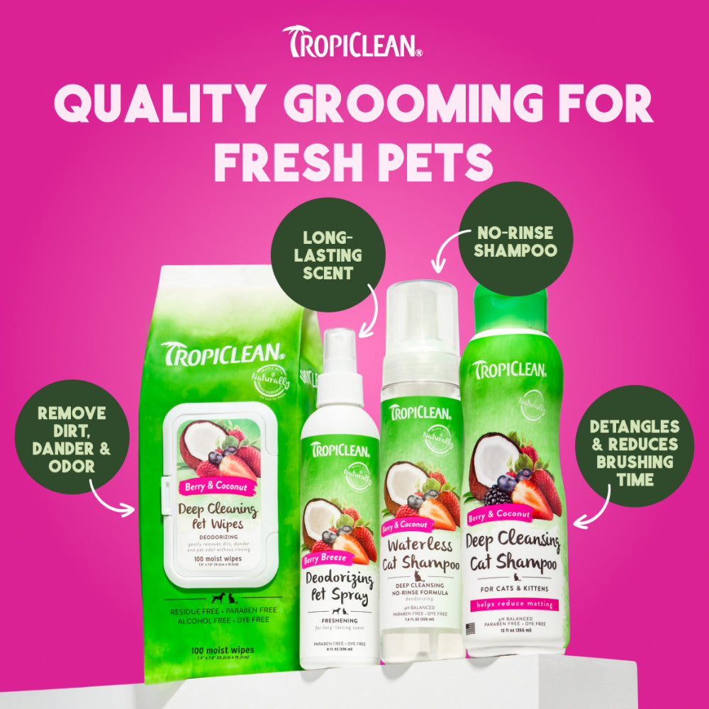 TropiClean Berry & Coconut Deep Cleaning Pet products on a pink background with product features highlighted.