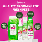 TropiClean Berry & Coconut Deep Cleaning Pet products on a pink background with product features highlighted.